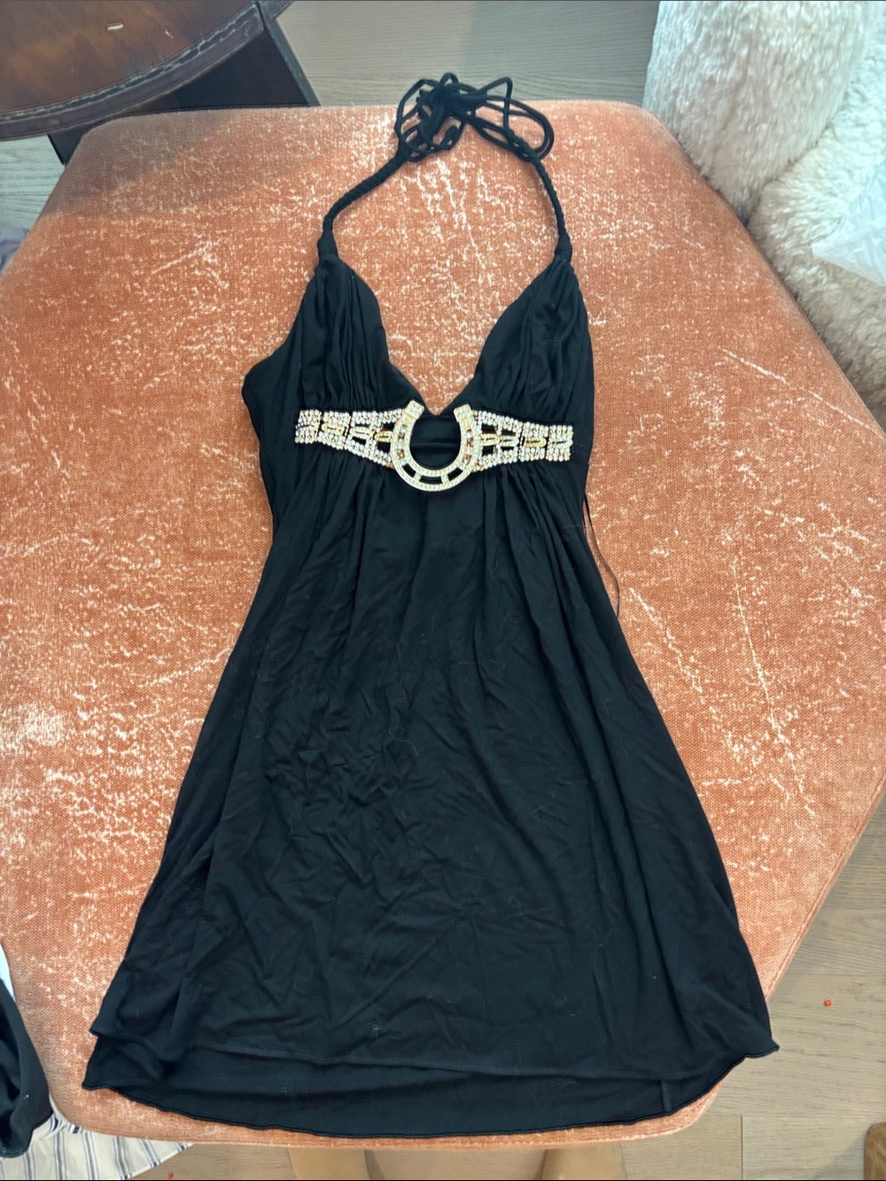 Black Halter Mini Dress with Rhinestone Horseshoe Belt